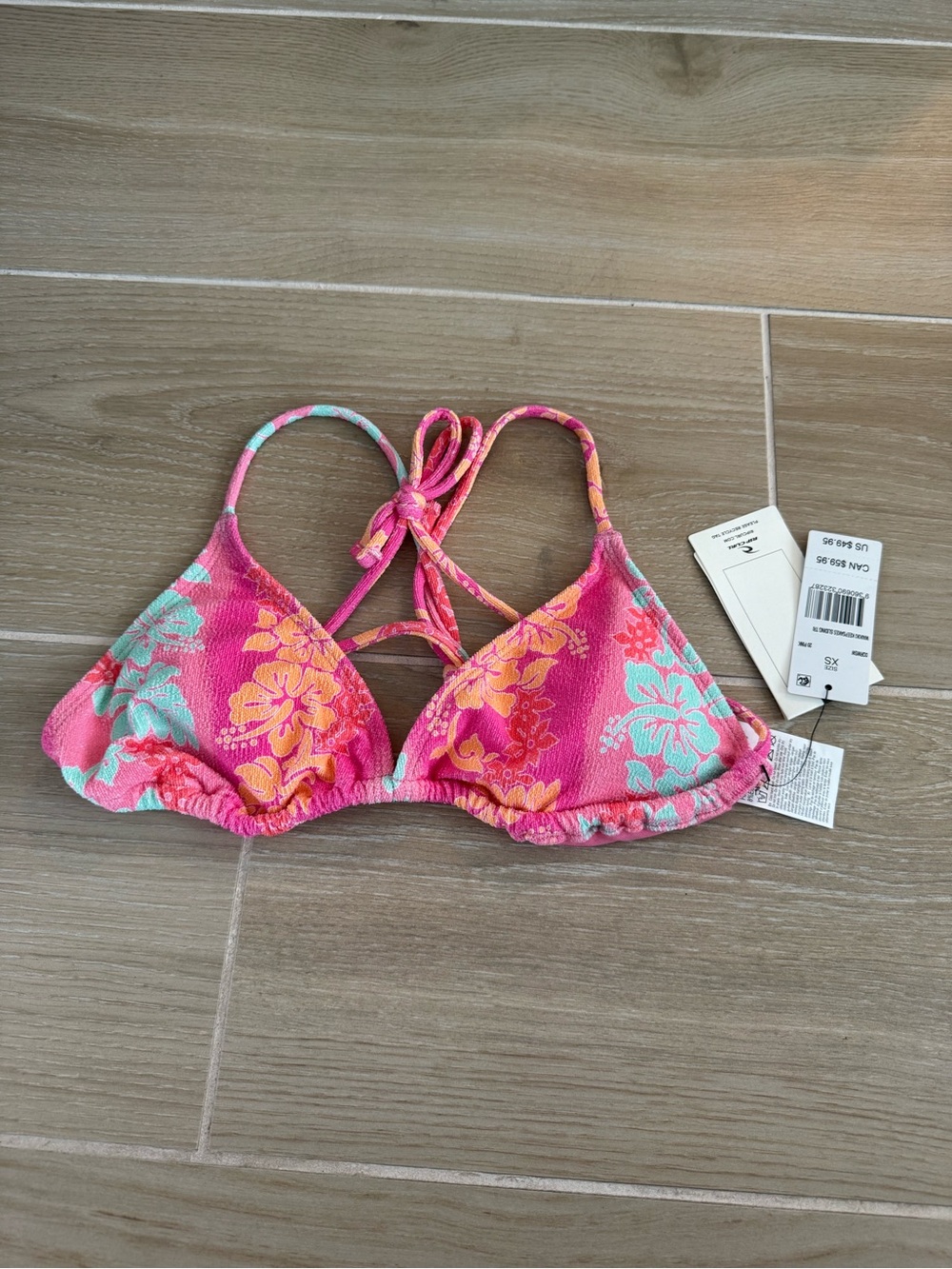 Floral Pink Triangle Bikini Top with Tie Straps
